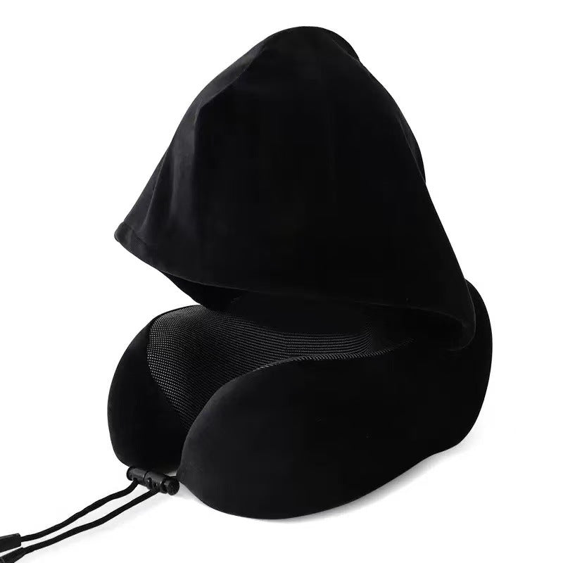 Hooded Memory Foam Travel Neck Pillow with Stowable Privacy Hood