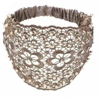 Wide Lace Pearl Headband – Elegant Floral Hair Band with Stretch Back.