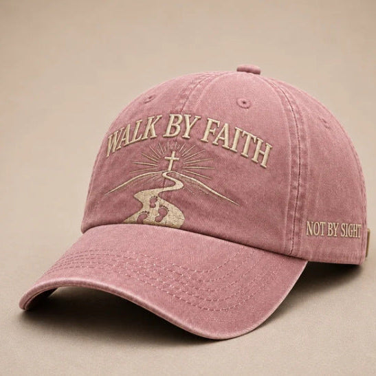 Walk By Faith Embroidered Baseball Cap — Vintage Washed Cotton, 5 Colors