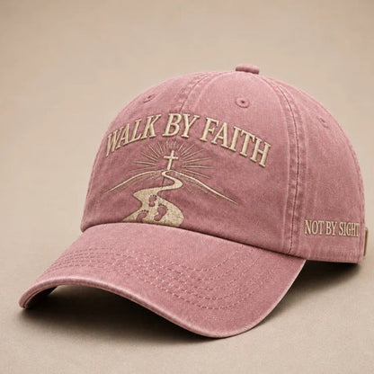 Walk By Faith Embroidered Baseball Cap — Vintage Washed Cotton, 5 Colors