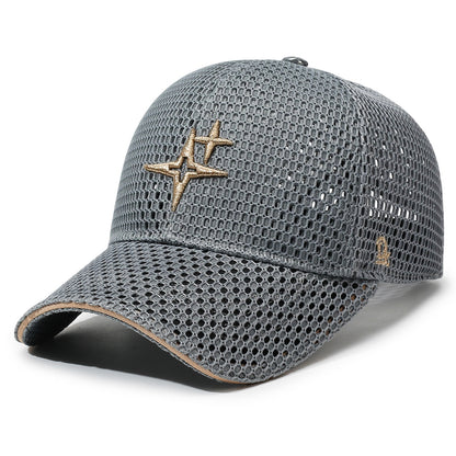 Full-Mesh Baseball Cap with Gold Star Embroidery — Breathable Summer Hat, 6 Colors