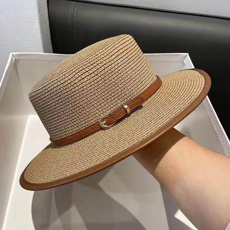 Women's Wide Brim Straw Boater Hat — Buckle Band, Structured Flat-Top, 4 Colors