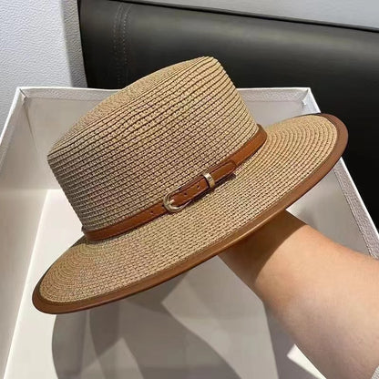 Women's Wide Brim Straw Boater Hat — Buckle Band, Structured Flat-Top, 4 Colors