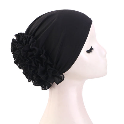 Women’s Pre-Tied Ruffle Flower Turban Hat – Stretch Full-Coverage Headscarf Cap
