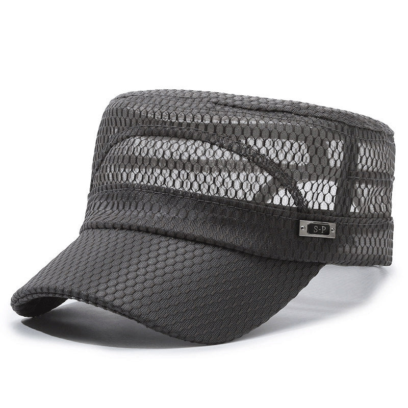 Open-Mesh Flat-Top Cap — Breathable Military Style Hat, Adjustable Metal Buckle, Unisex.