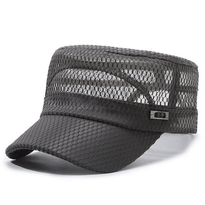 Open-Mesh Flat-Top Cap — Breathable Military Style Hat, Adjustable Metal Buckle, Unisex.