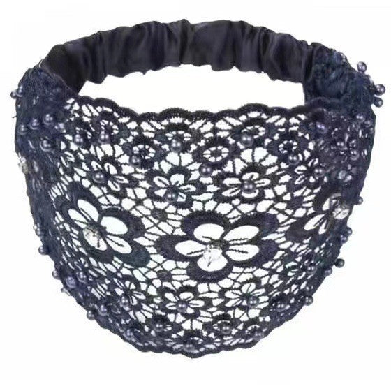 Wide Lace Pearl Headband – Elegant Floral Hair Band with Stretch Back.