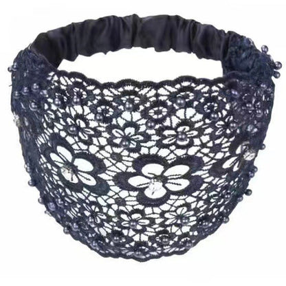 Wide Lace Pearl Headband – Elegant Floral Hair Band with Stretch Back.