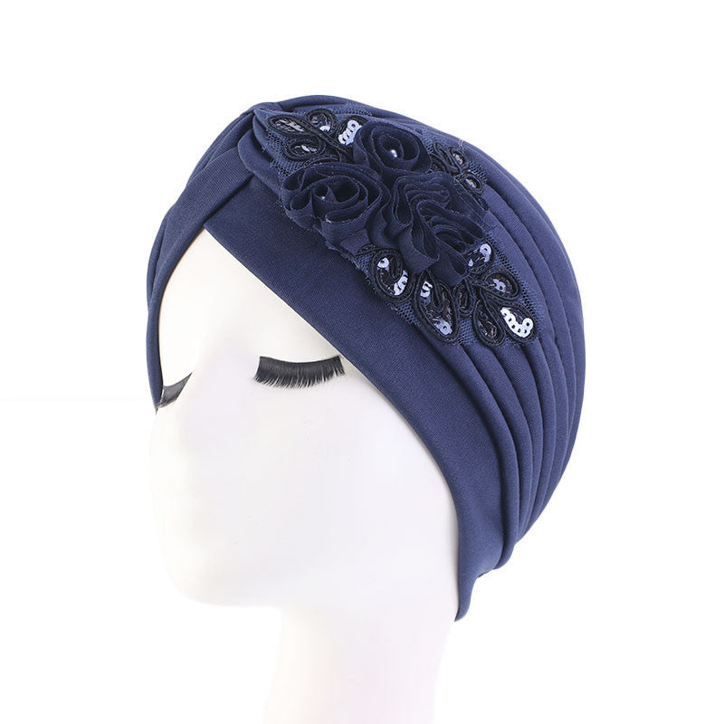 Women's Elegant Floral Sequin Turban Hat – Pleated Headwrap for Church & Everyday Wear