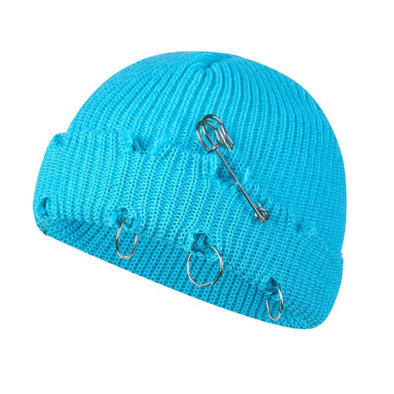 Distressed Knit Beanie with Safety Pin & Metal O-Ring — 8 Colors