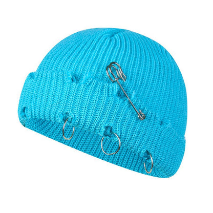 Distressed Knit Beanie with Safety Pin & Metal O-Ring — 8 Colors