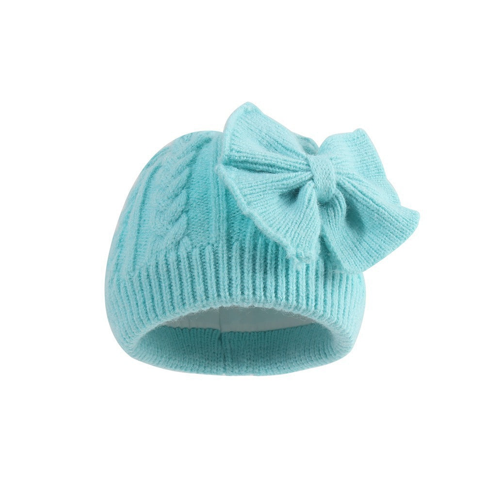 Baby Girl Oversized Bow Knit Beanie – Cozy Cable-Knit Winter Hat