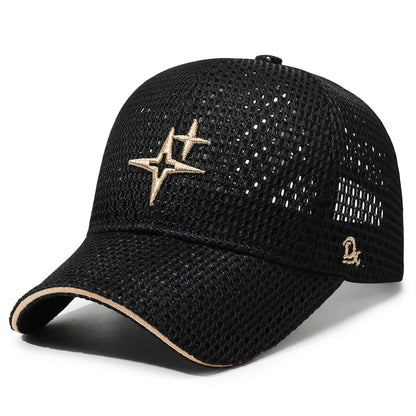Full-Mesh Baseball Cap with Gold Star Embroidery — Breathable Summer Hat, 6 Colors