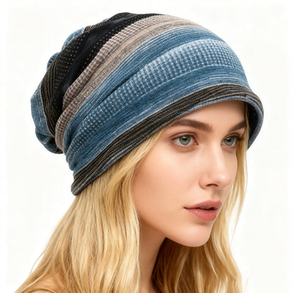 🍂 2-in-1 Vintage Striped Slouchy Beanie & Neck Warmer – Soft Stretchy Unisex Hat