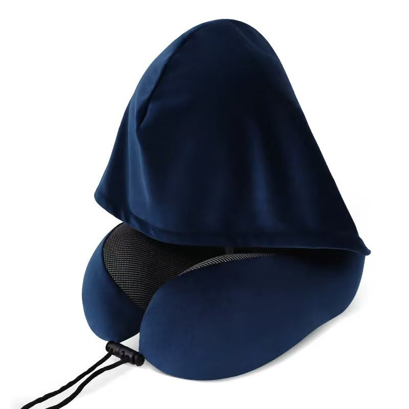 Hooded Memory Foam Travel Neck Pillow with Stowable Privacy Hood