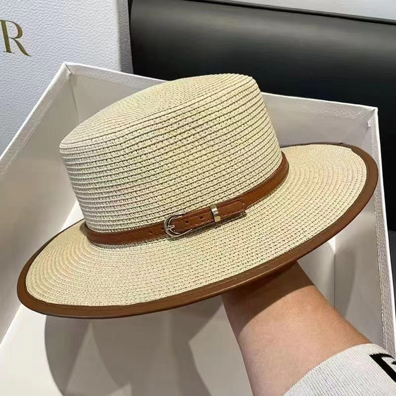Women's Wide Brim Straw Boater Hat — Buckle Band, Structured Flat-Top, 4 Colors
