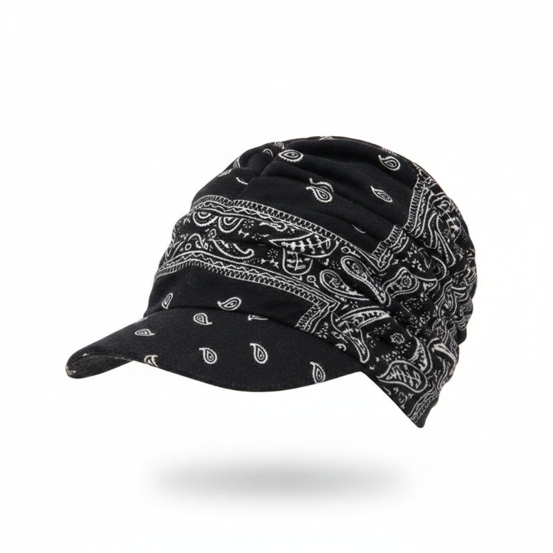 Floral Ruched Turban Cap— Full Coverage, Curved Brim, Multiple Prints