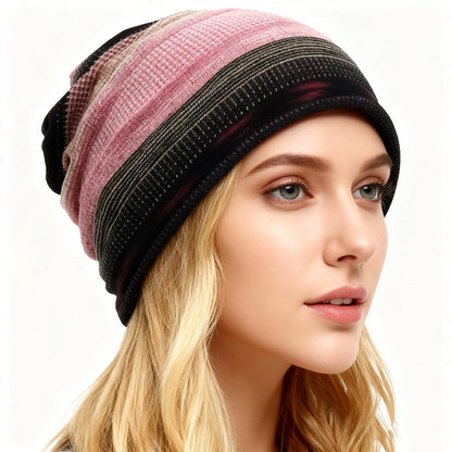 🍂 2-in-1 Vintage Striped Slouchy Beanie & Neck Warmer – Soft Stretchy Unisex Hat
