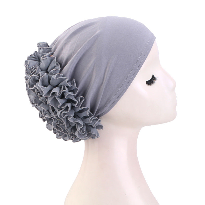 Women’s Pre-Tied Ruffle Flower Turban Hat – Stretch Full-Coverage Headscarf Cap