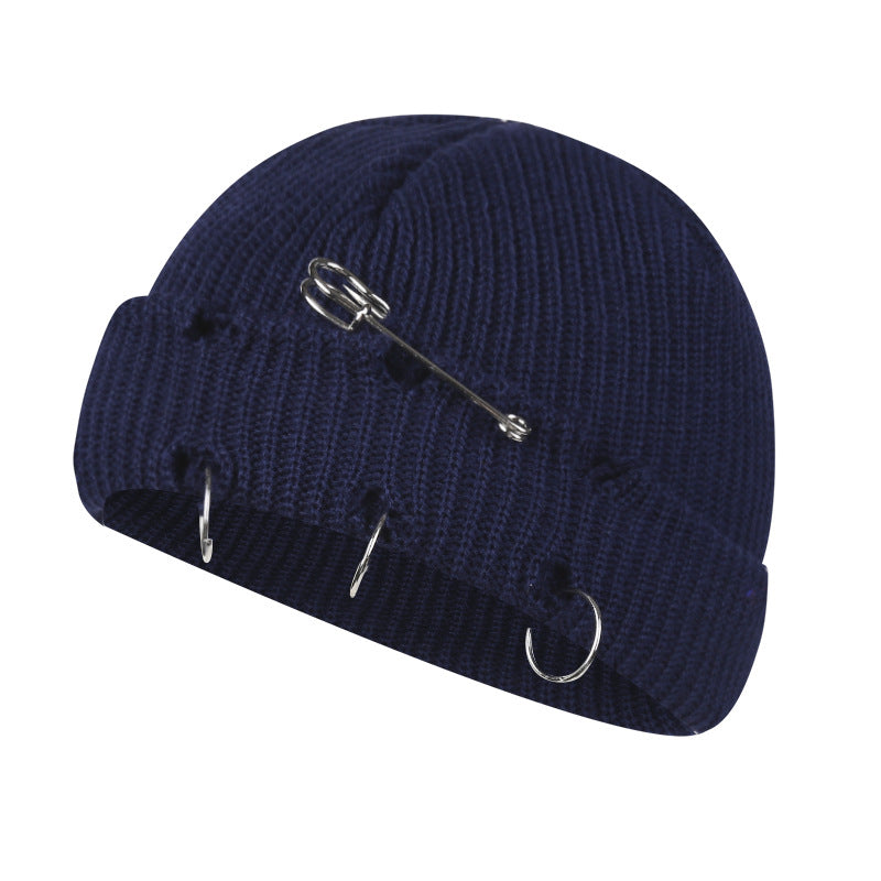 Distressed Knit Beanie with Safety Pin & Metal O-Ring — 8 Colors