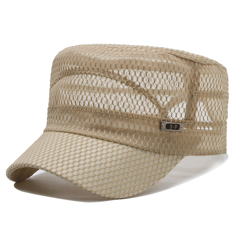 Open-Mesh Flat-Top Cap — Breathable Military Style Hat, Adjustable Metal Buckle, Unisex.