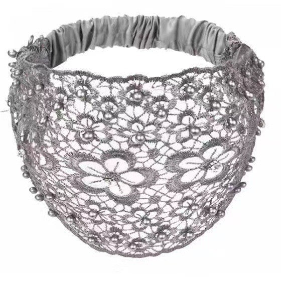 Wide Lace Pearl Headband – Elegant Floral Hair Band with Stretch Back.