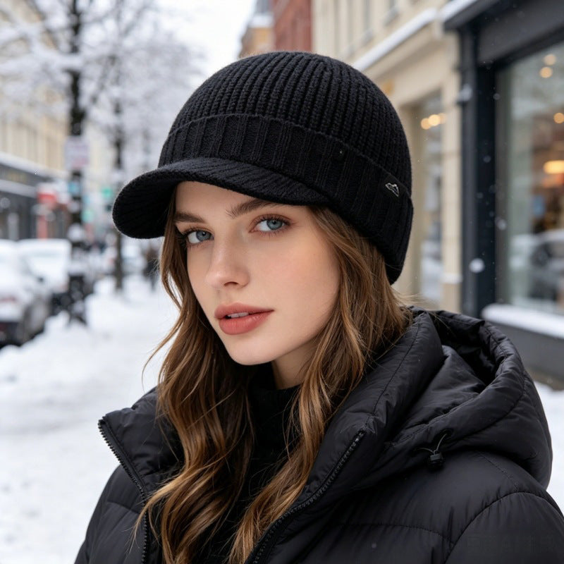 Women's Ribbed Knit Brim Beanie | Winter Visor Hat