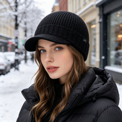 Women's Ribbed Knit Brim Beanie | Winter Visor Hat