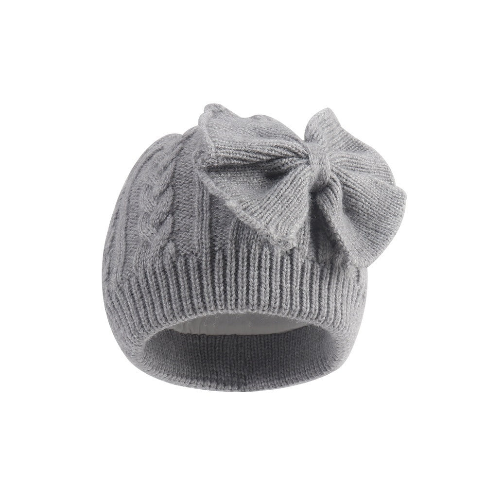 Baby Girl Oversized Bow Knit Beanie – Cozy Cable-Knit Winter Hat