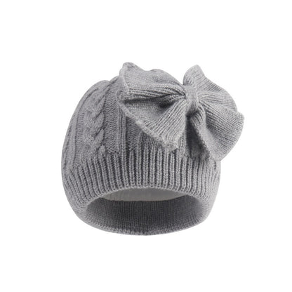 Baby Girl Oversized Bow Knit Beanie – Cozy Cable-Knit Winter Hat