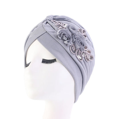 Women's Elegant Floral Sequin Turban Hat – Pleated Headwrap for Church & Everyday Wear