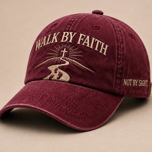 Walk By Faith Embroidered Baseball Cap — Vintage Washed Cotton, 5 Colors