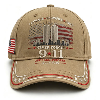 Never Forget 9/11 25th Anniversary Commemorative Cap — 8 Colors, Courage Sacrifice Unity