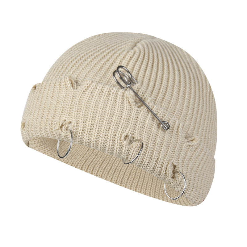 Distressed Knit Beanie with Safety Pin & Metal O-Ring — 8 Colors