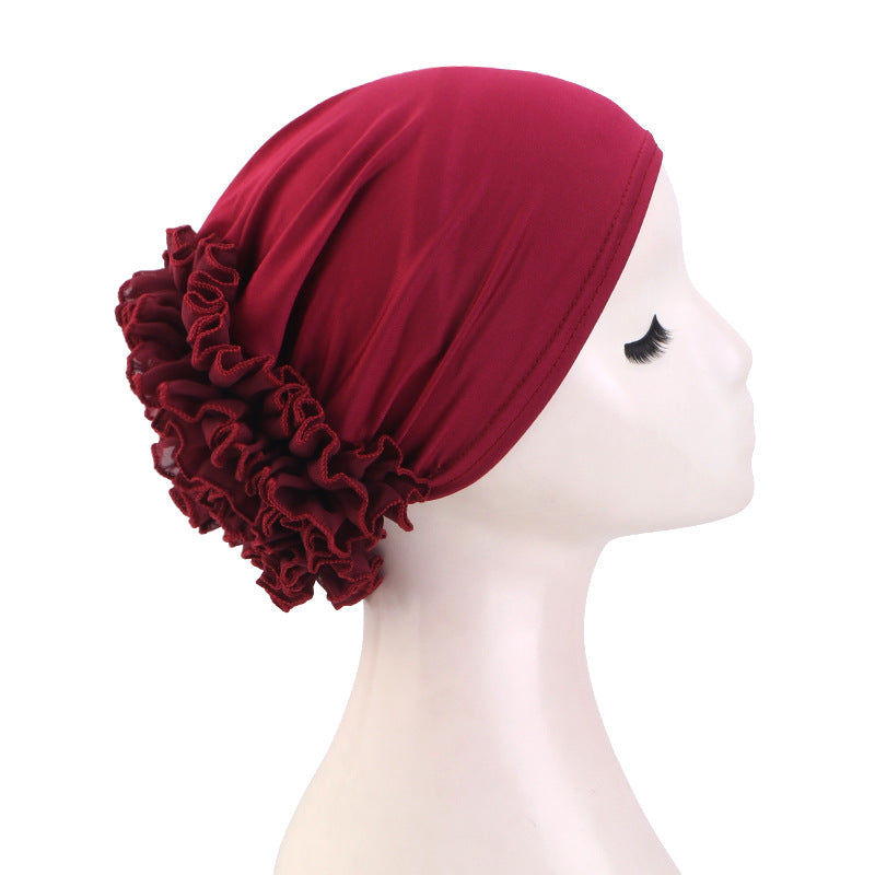 Women’s Pre-Tied Ruffle Flower Turban Hat – Stretch Full-Coverage Headscarf Cap