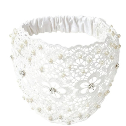 Wide Lace Pearl Headband – Elegant Floral Hair Band with Stretch Back.