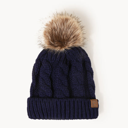 Women's Cable Knit Pom-Pom Beanie – Cozy Cuffed Winter Hat