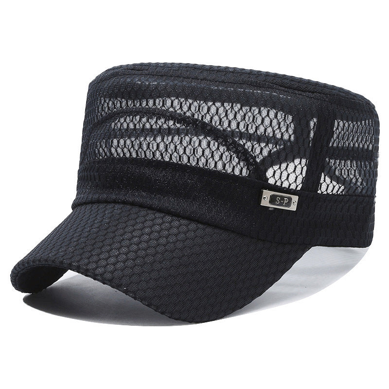 Open-Mesh Flat-Top Cap — Breathable Military Style Hat, Adjustable Metal Buckle, Unisex.