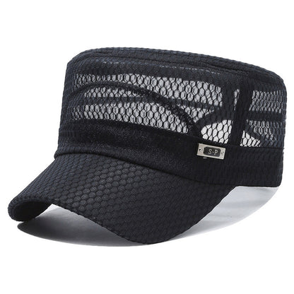 Open-Mesh Flat-Top Cap — Breathable Military Style Hat, Adjustable Metal Buckle, Unisex.