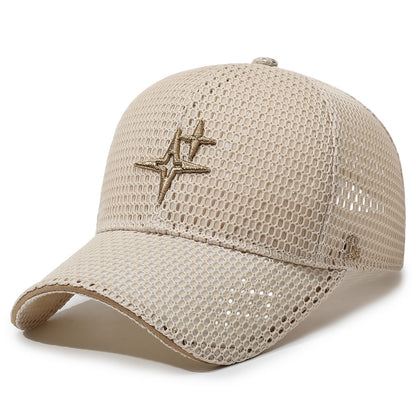 Full-Mesh Baseball Cap with Gold Star Embroidery — Breathable Summer Hat, 6 Colors