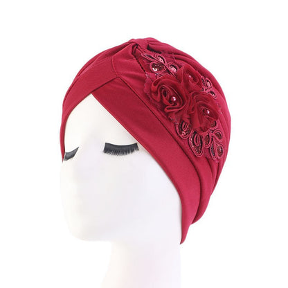 Women's Elegant Floral Sequin Turban Hat – Pleated Headwrap for Church & Everyday Wear