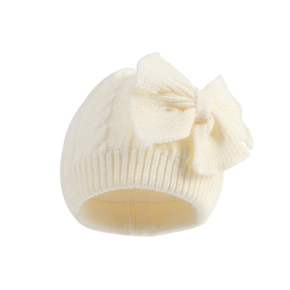 Baby Girl Oversized Bow Knit Beanie – Cozy Cable-Knit Winter Hat