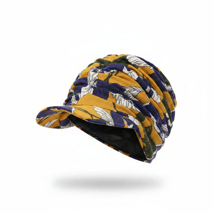 Floral Ruched Turban Cap— Full Coverage, Curved Brim, Multiple Prints