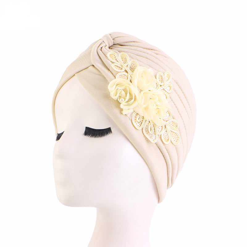 Women's Elegant Floral Sequin Turban Hat – Pleated Headwrap for Church & Everyday Wear