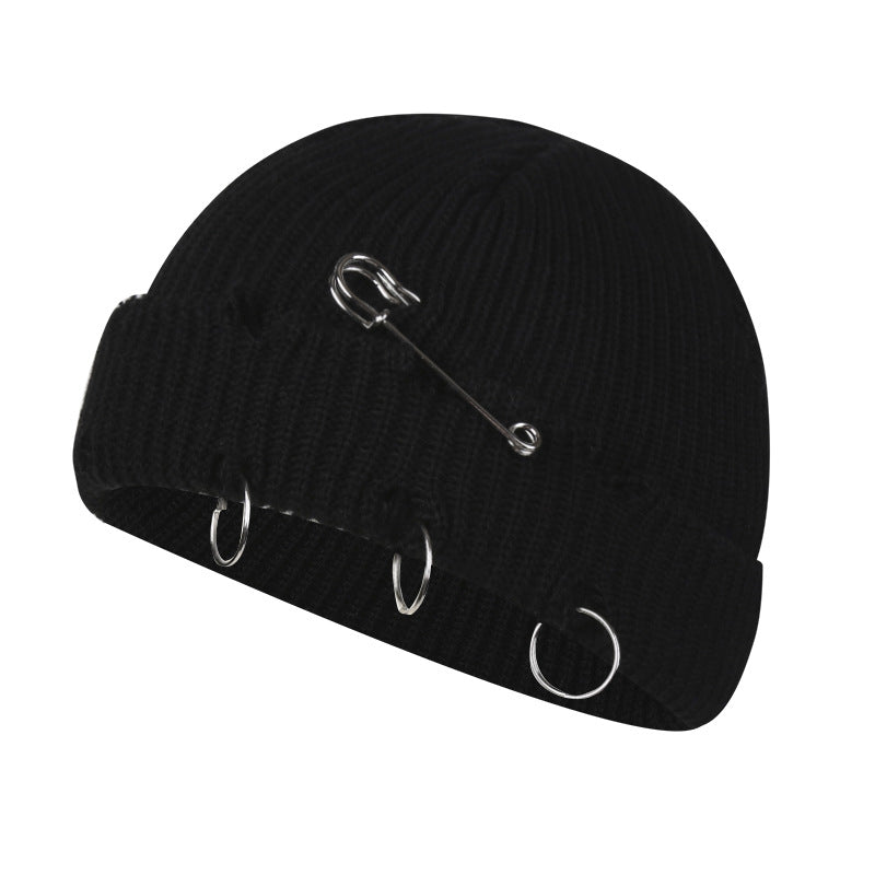 Distressed Knit Beanie with Safety Pin & Metal O-Ring — 8 Colors
