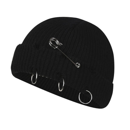 Distressed Knit Beanie with Safety Pin & Metal O-Ring — 8 Colors