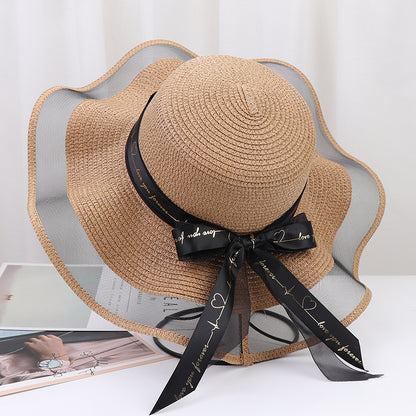 Women's Wide Wavy Brim Straw Sun Hat — Sheer Mesh Edge, Statement Bow, 5 Colors