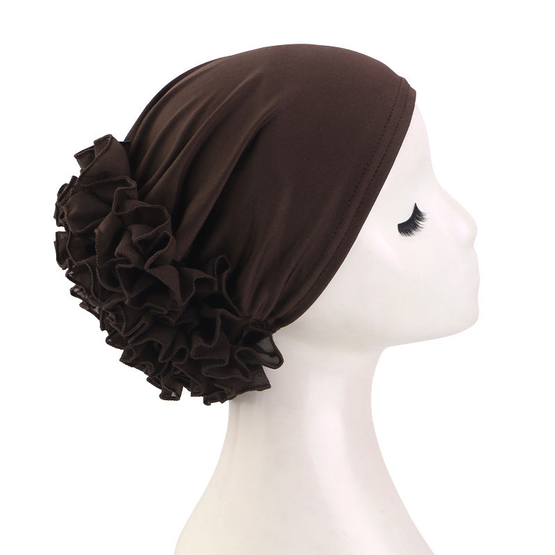 Women’s Pre-Tied Ruffle Flower Turban Hat – Stretch Full-Coverage Headscarf Cap