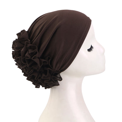 Women’s Pre-Tied Ruffle Flower Turban Hat – Stretch Full-Coverage Headscarf Cap