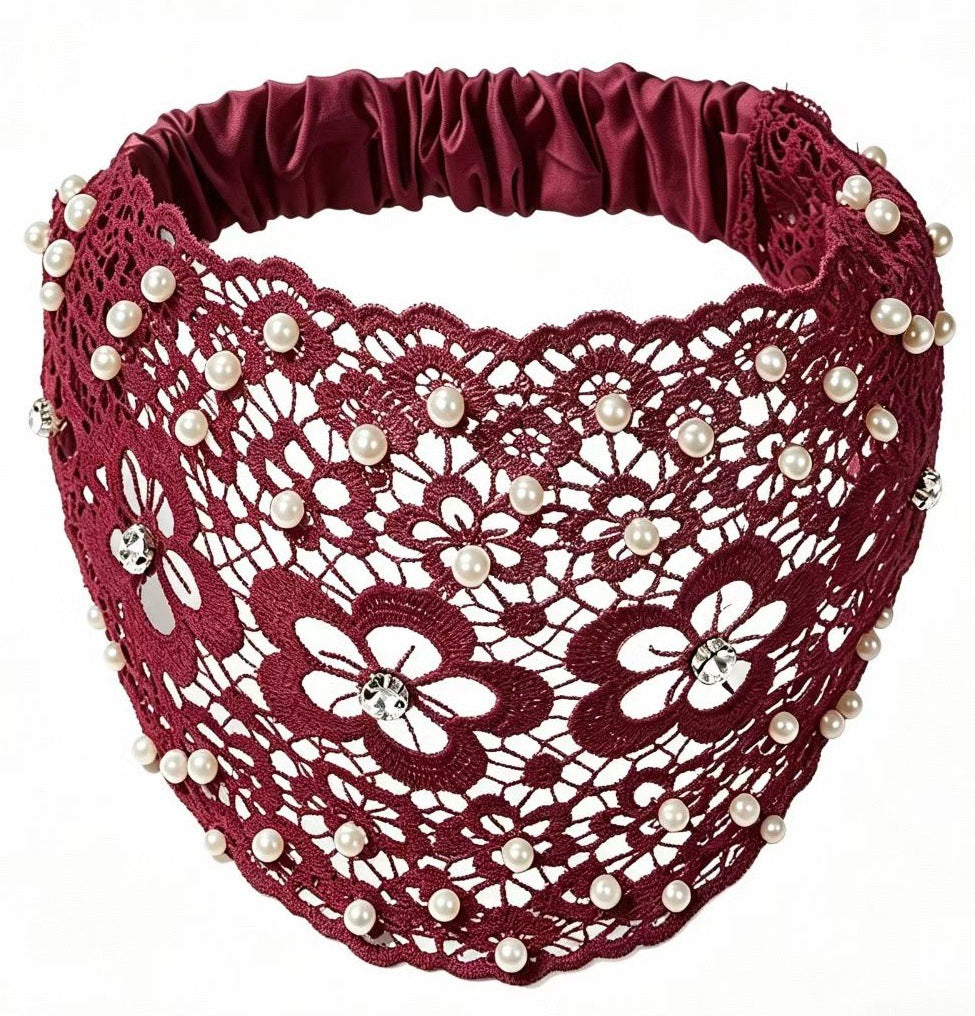 Wide Lace Pearl Headband – Elegant Floral Hair Band with Stretch Back.